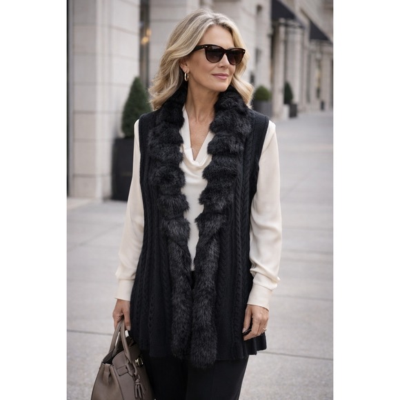 MING MING Sweaters - Ming Wang Sweater Vest Women L Black Faux Fur Trim Cable Knit Quiet Luxury Chic